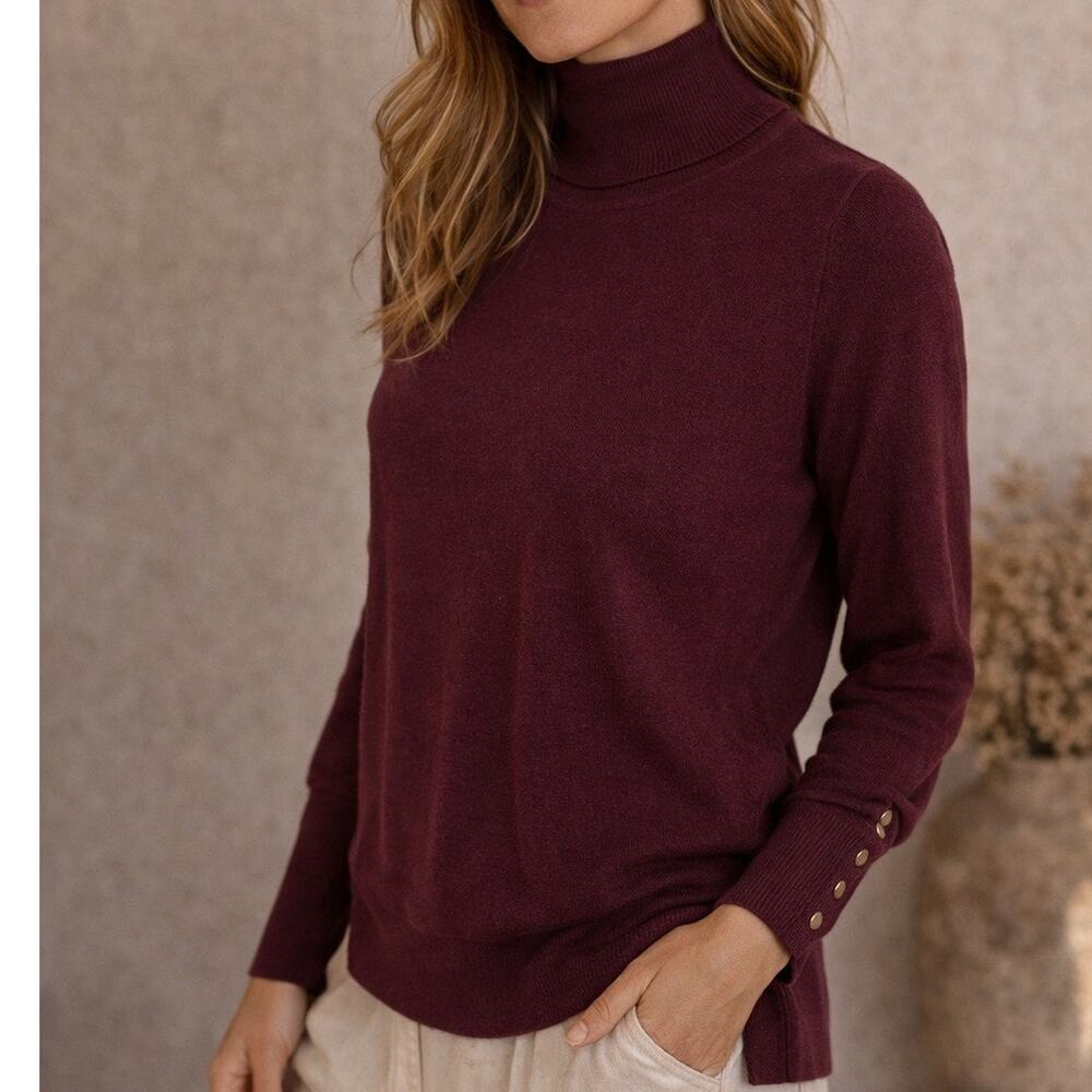 Tahari Turtleknit Wine Stretch Knit Button Cuff Slim Fit Pullover Size XL